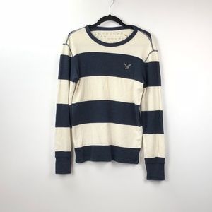 American Eagle Navy Ivory Striped Waffle Top